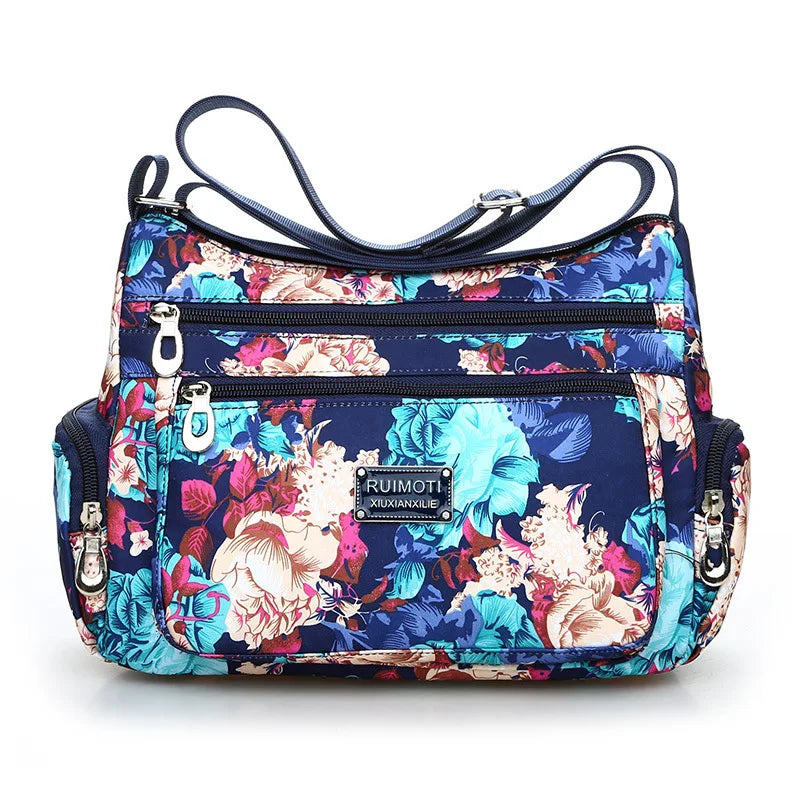 Floral Print Crossbody Bag for Women | Trendy Multi-Layer Nylon Shoulder Bag | Lightweight Travel Messenger & Satchel with Rivet Details Luxegan