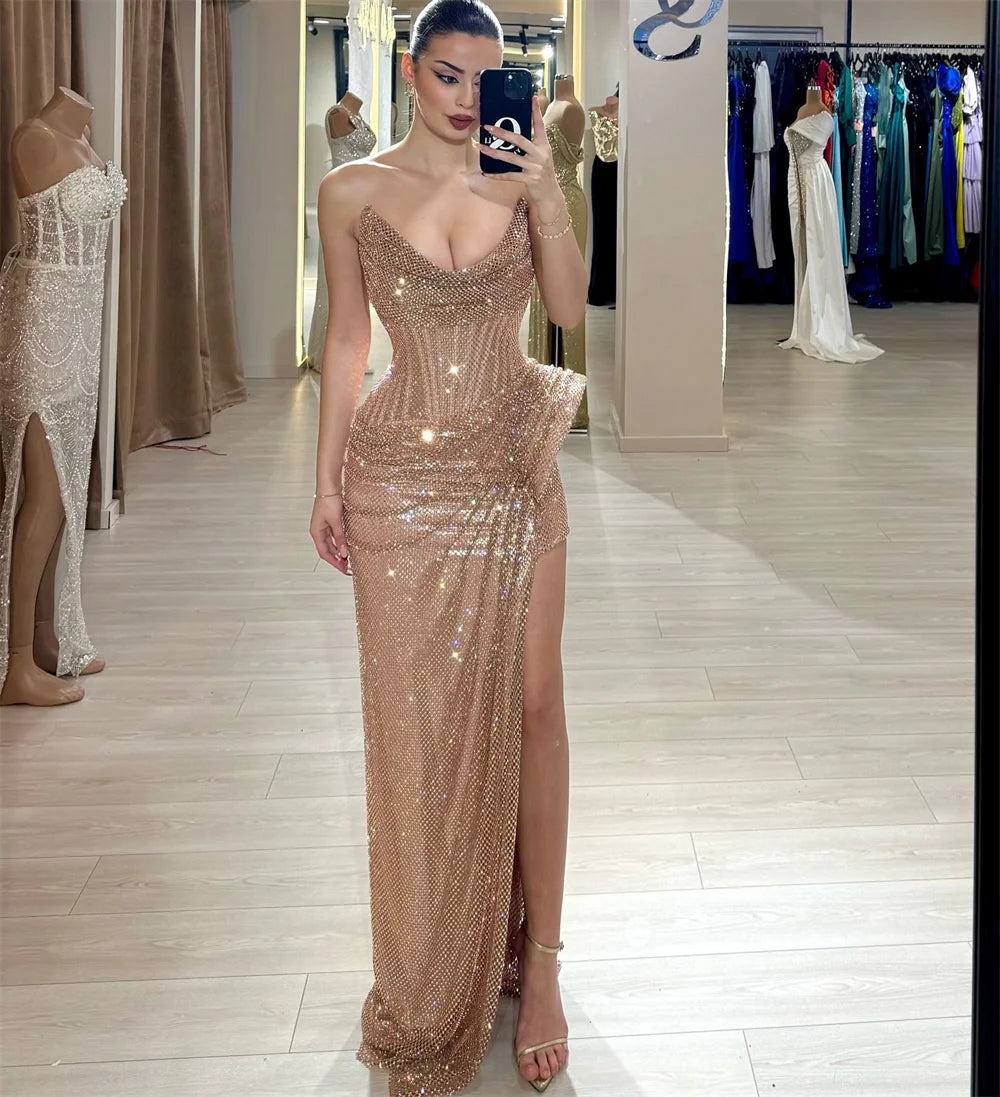 Contessa Dubai Customized Side High Slit Pleated Mermaid Prom Dress Floor-length Strapless Evening Dress Sleeveless Party Dress