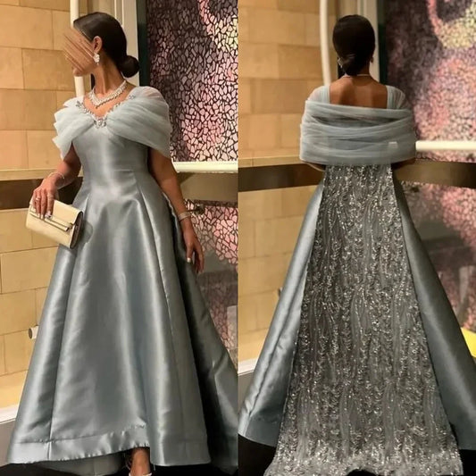 Vestido de noche de chifón con escote en V, elegante y brillante, hecho a medida, con cuentas, lentejuelas y cola de barrido/cepillo