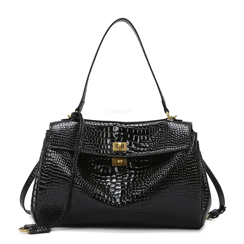 PU Crocodile Pattern Satchel | Soft Vintage Lock Commuter Bag Luxegan