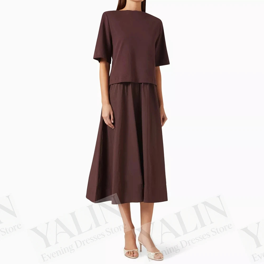 Draped A-Line Evening Gown | O-Neck Half Sleeve Tea-Length Prom Dress Luxegan