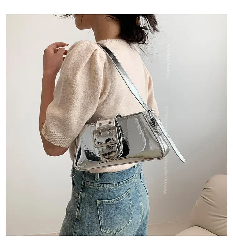 New Luxury Design Women's Glossy PU Leather Armpit Bag | Fashion Party Handbag (Patent Leather Silver Shoulder & Crossbody Bag) Luxegan