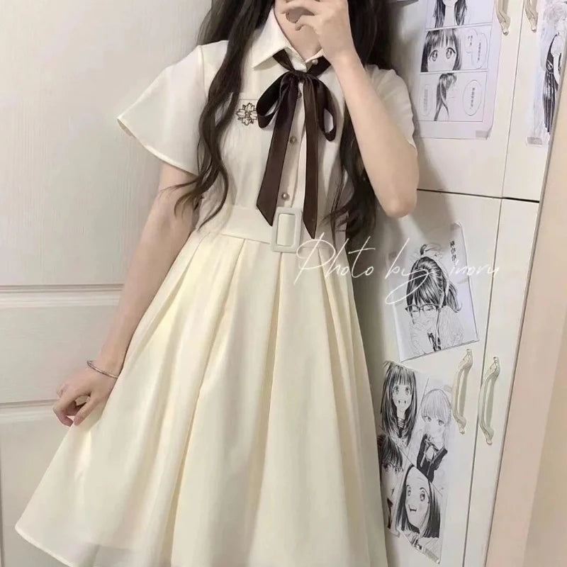 Embroidered Collar Preppy Midi Dress | Short Sleeve A-Line Empire Waist JK Dress Luxegan