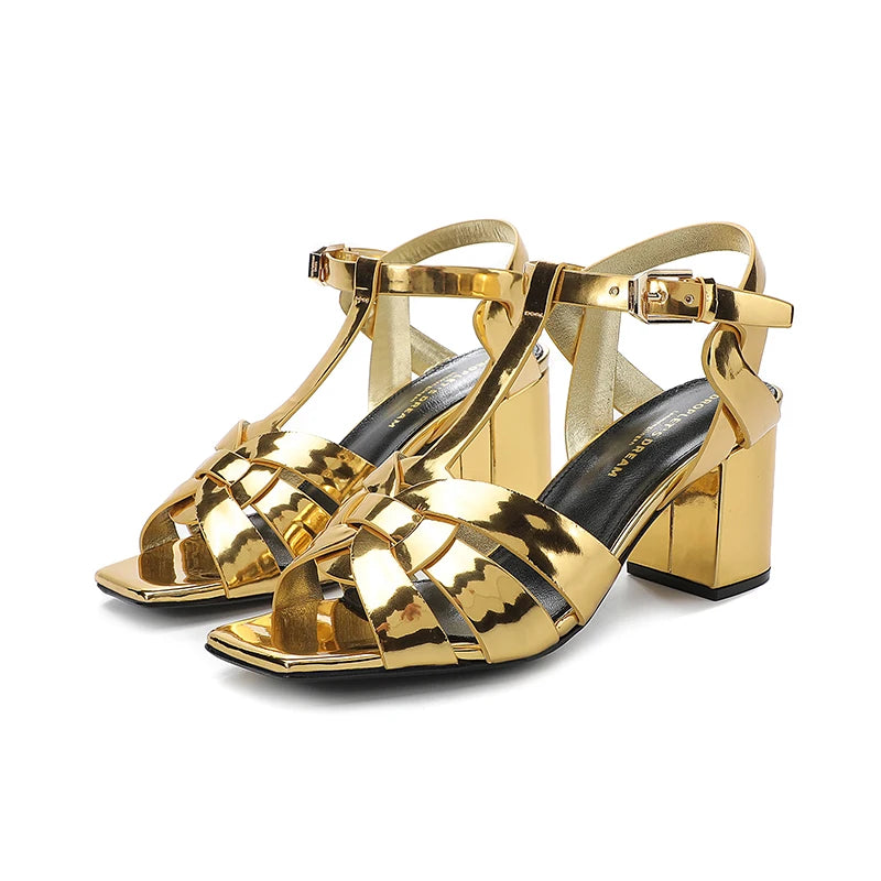 Summer Lacquer Patent Leather Sandals | Sophisticated 5cm–8cm Square High Heels | Elegant "Open Toe Fish Mouth" Silhouette | "Dignified" Sheepskin Insole Gladiator Sandals for Radiant Versatile Styling Luxegan