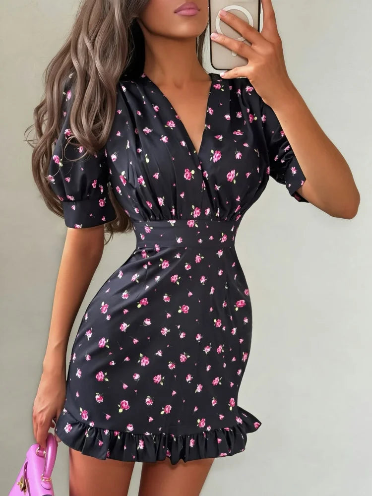 Women's Printed V-Neck Fit & Flare Dress Luxegan