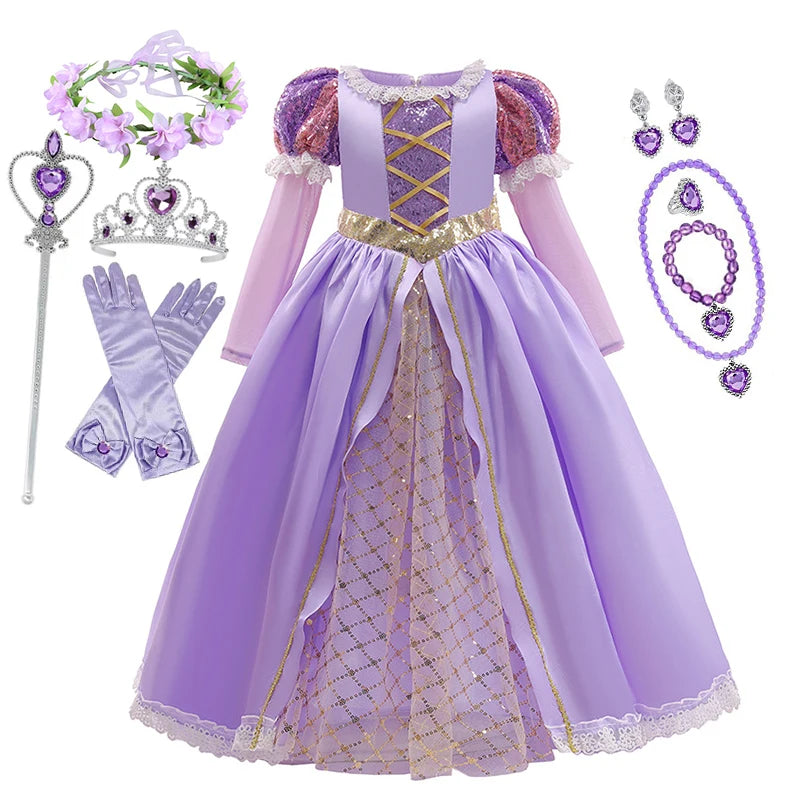 Girls' Rapunzel Princess Costume Dress | Kids Tangled Cosplay Carnival Disguise Gown | Short-Sleeve Ankle-Length Birthday Party Outfit for 2-10 Years Luxegan