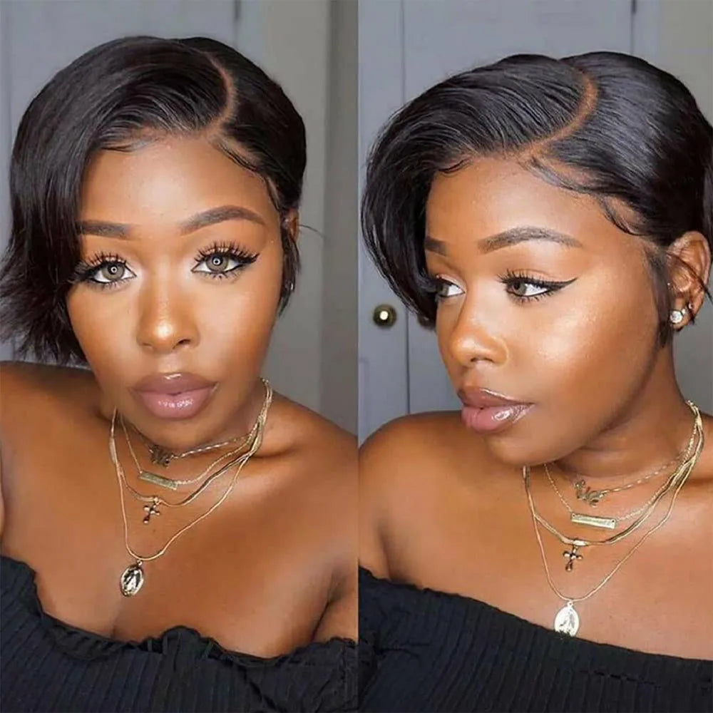 Pixie Cut Straight Short Bob Human Hair Wig - 13x4 & 13x5x1 Transparent Swiss Lace Frontal Wig - Glueless Pre-Plucked Hairline Brazilian Remy Human Hair Wig for Women (Dyeable All Colors) Luxegan