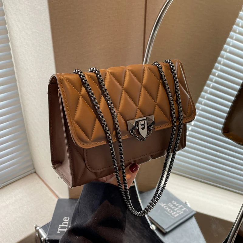 Fashionable Embossed Square Crossbody Bag | Diamond Pattern & Metal Chain Handbag Luxegan