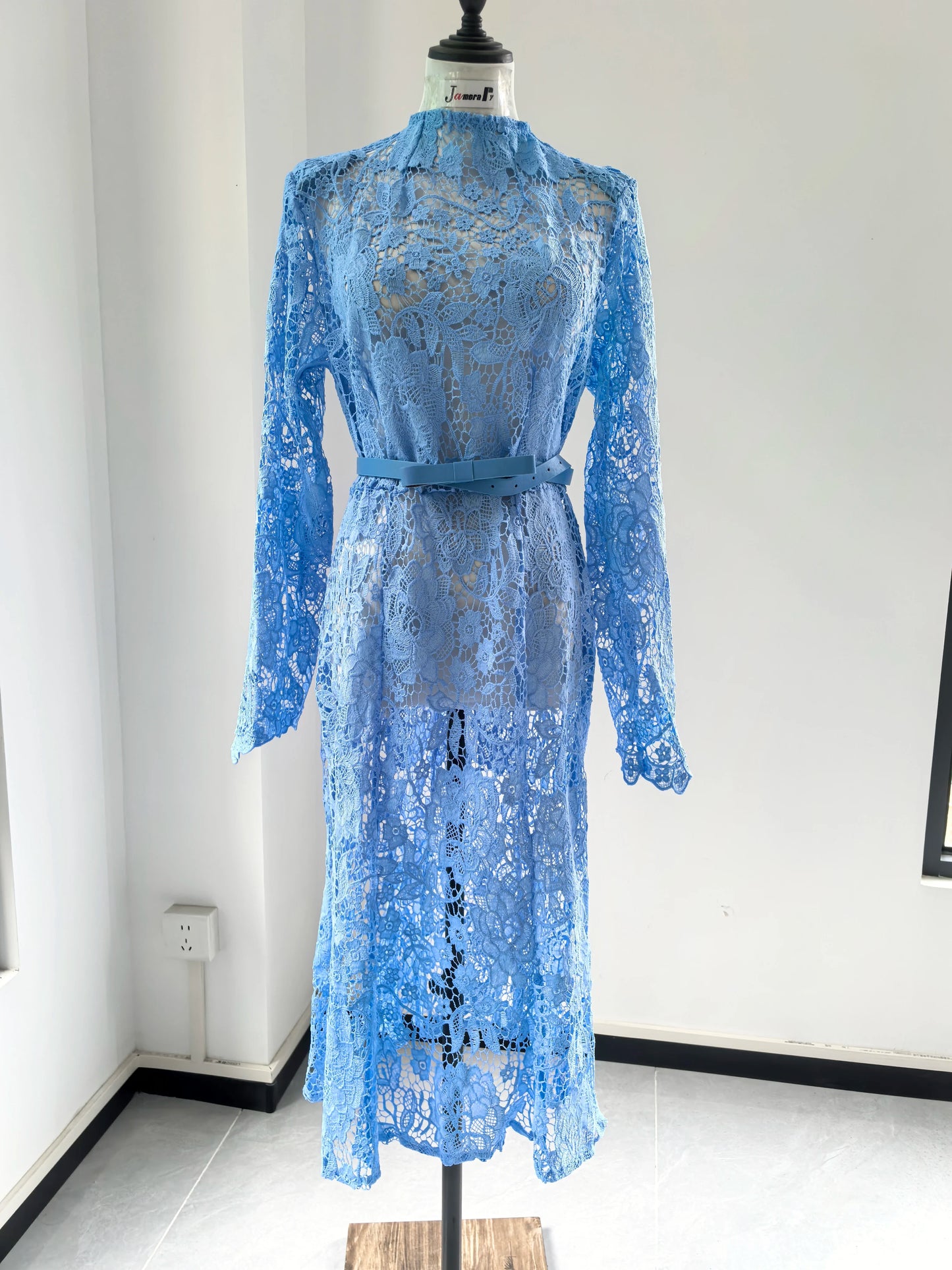 Elegant Embroidered Lace Formal Evening Dress | No Lining Hollow Out Long Sleeve Mermaid Dress | Summer Midi Vestidos with Belted Empire Waist | Slim Fit O-Neck Puff Sleeve Holiday Dress Luxegan