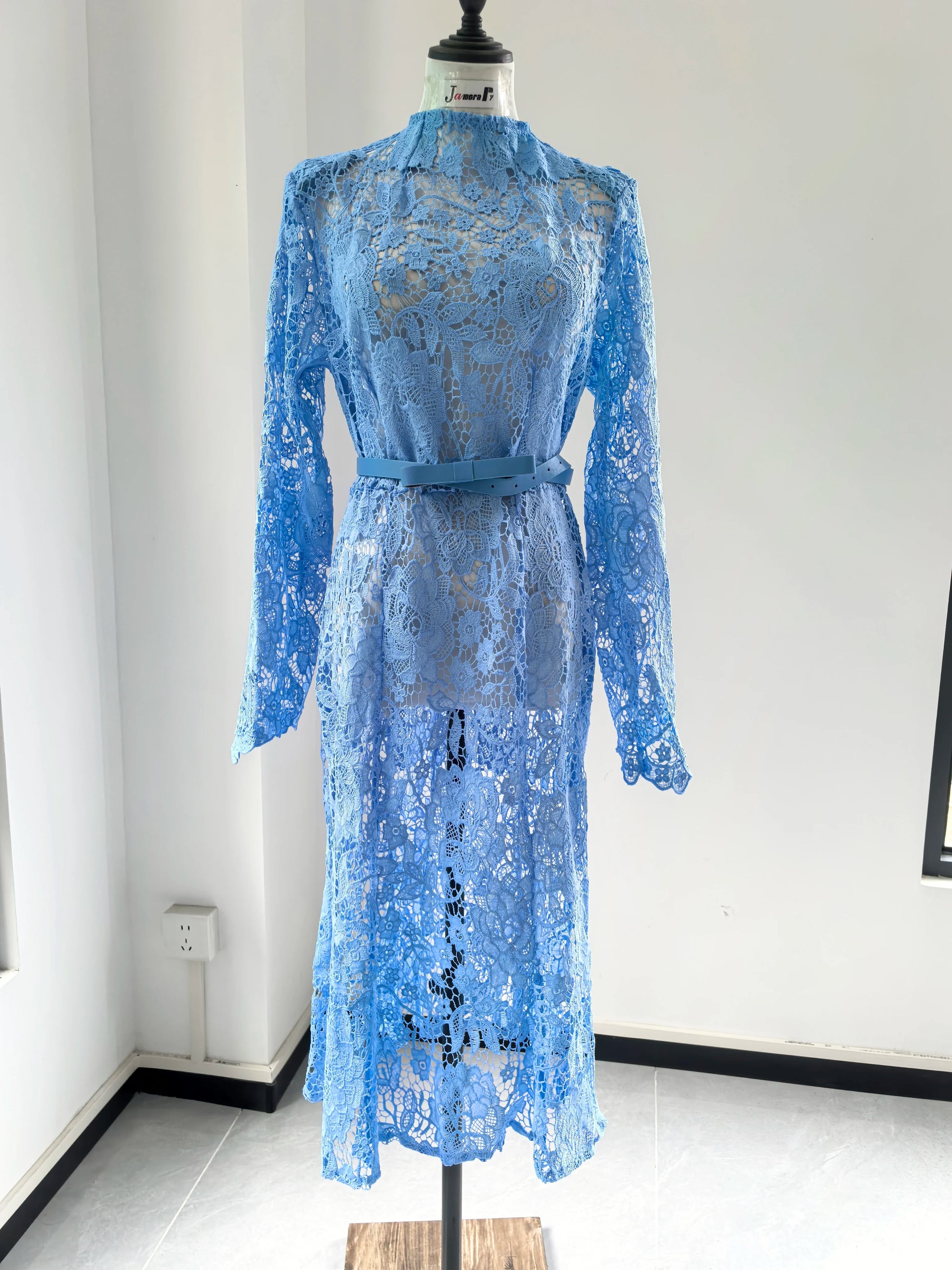 Elegant Embroidered Lace Formal Evening Dress | No Lining Hollow Out Long Sleeve Mermaid Dress | Summer Midi Vestidos with Belted Empire Waist | Slim Fit O-Neck Puff Sleeve Holiday Dress Luxegan