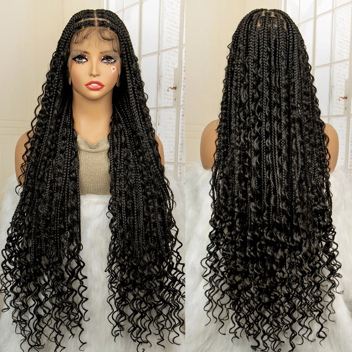 36 Inches Long Boho Braided Wigs with Baby Hair Synthetic Full Lace Knotless Box Braiding Wig with Curly Lace Frontal Wig Luxegan