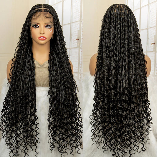 36 Inches Long Boho Braided Wigs with Baby Hair Synthetic Full Lace Knotless Box Braiding Wig with Curly Lace Frontal Wig Luxegan