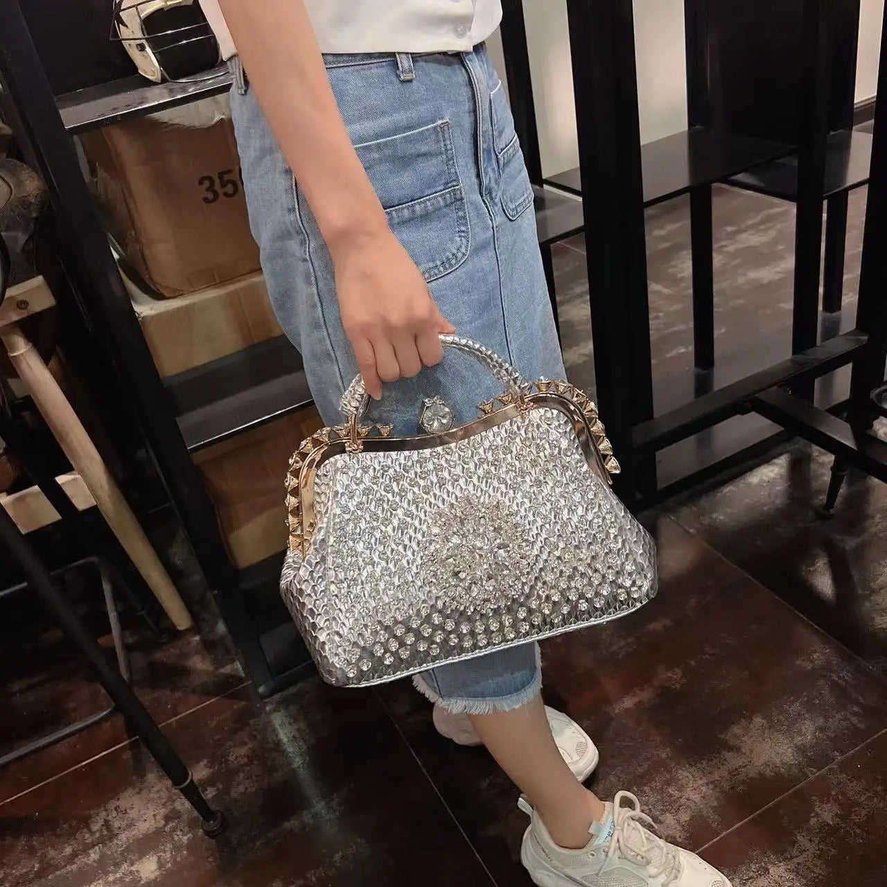 PU Leather Serpentine Frame Bag | Hard Rhinestones Top-Handle Crossbody Luxegan