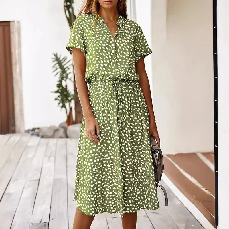 Polka Dot Short Sleeve A-Line Dress – Button Front, Knee-Length, Summer Casual Luxegan