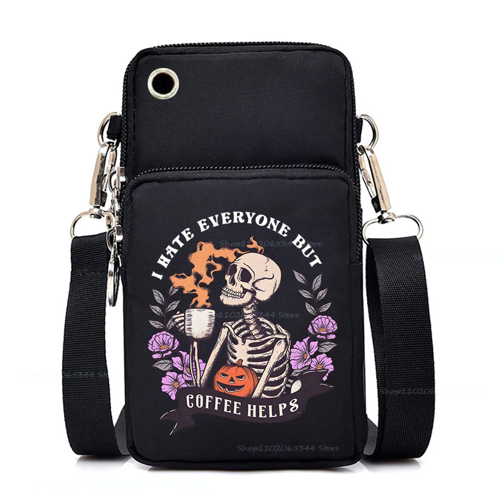 "Dead Inside But Love Cats" Shoulder Bag | Sophisticated Funny Vintage Skeleton Purse | Elegant Cartoon-Print Mobile Phone Bag | "Dignified" Soft Nylon Mini-Handbag for Versatile Casual Styling Luxegan