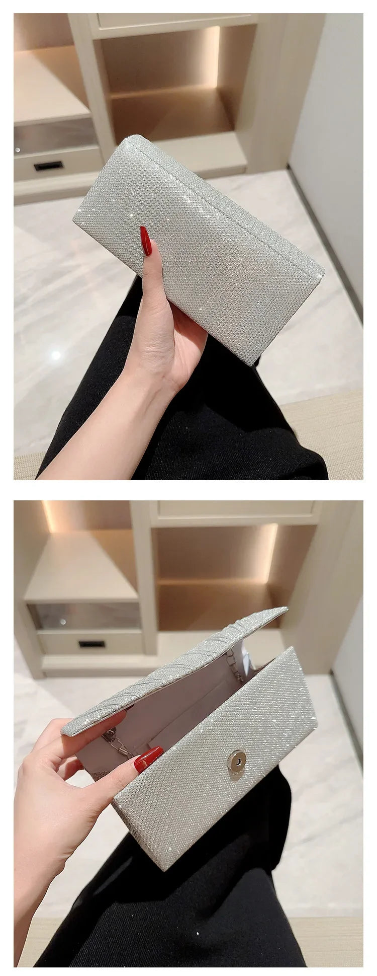 Ladies' Glitter Silver Clutch Bag | Envelope Evening Bag, Fashion Elegant Long Purse & Women's Chain Shoulder Bag (Wedding & Party Handbag) Luxegan