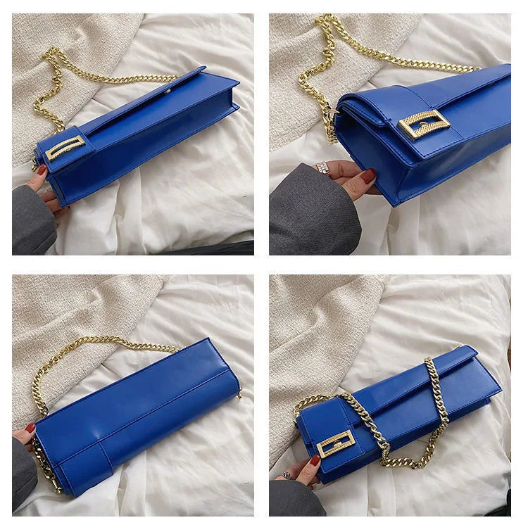 High Quality Klein Blue PU Leather Shoulder Bag for Women | Fashion Rectangle Underarm Purse (Ladies' Solid Handbag with Chains) Luxegan