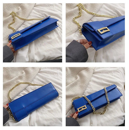 High Quality Klein Blue PU Leather Shoulder Bag for Women | Fashion Rectangle Underarm Purse (Ladies' Solid Handbag with Chains) Luxegan
