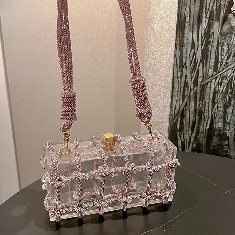 Diamond Clear Acrylic Box Evening Bag | Boutique Woven Knotted Rhinestone Purse | Luxury Party Clutch with Crystal Rope Handle & Metal Chain (Model 1201000988) Luxegan