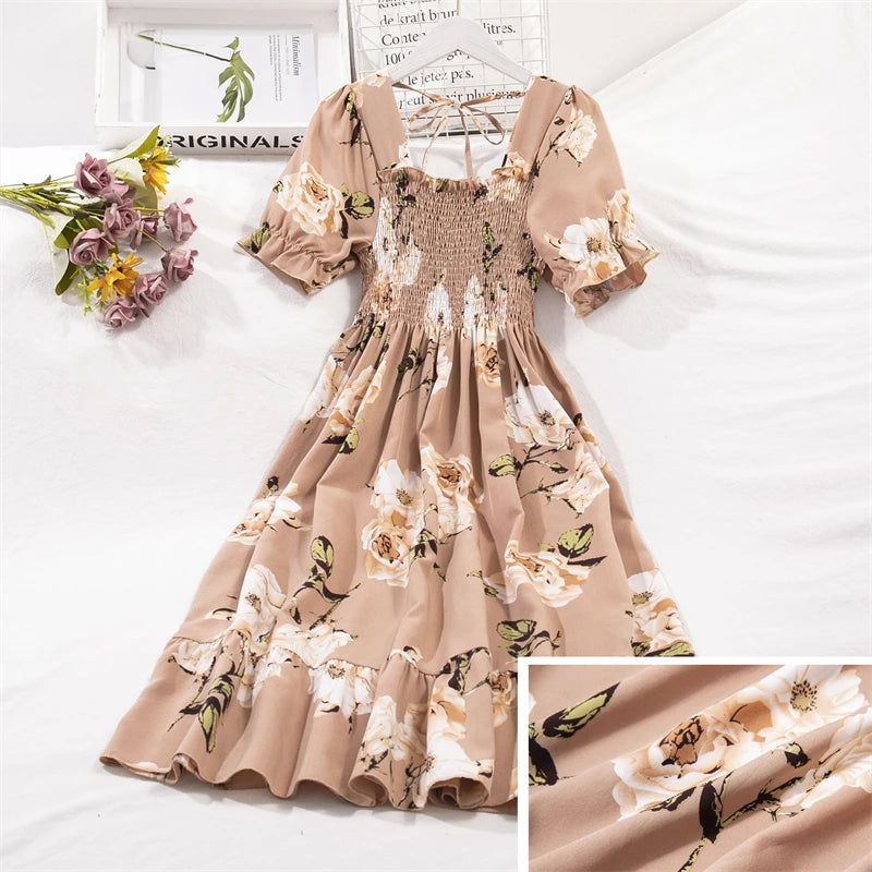 Women's Printed Chiffon Short-Sleeve Dress | Elastic-Waist Pleated A-Line Summer Dress | Slash-Neck Knee-Length Casual Slim-Fit Gown Luxegan