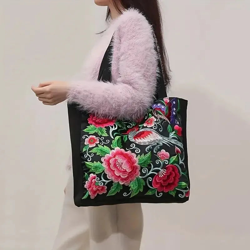 Ethnic Style Flower Embroidery Canvas Tote | Shoulder Bag & Large Capacity Handbag Luxegan