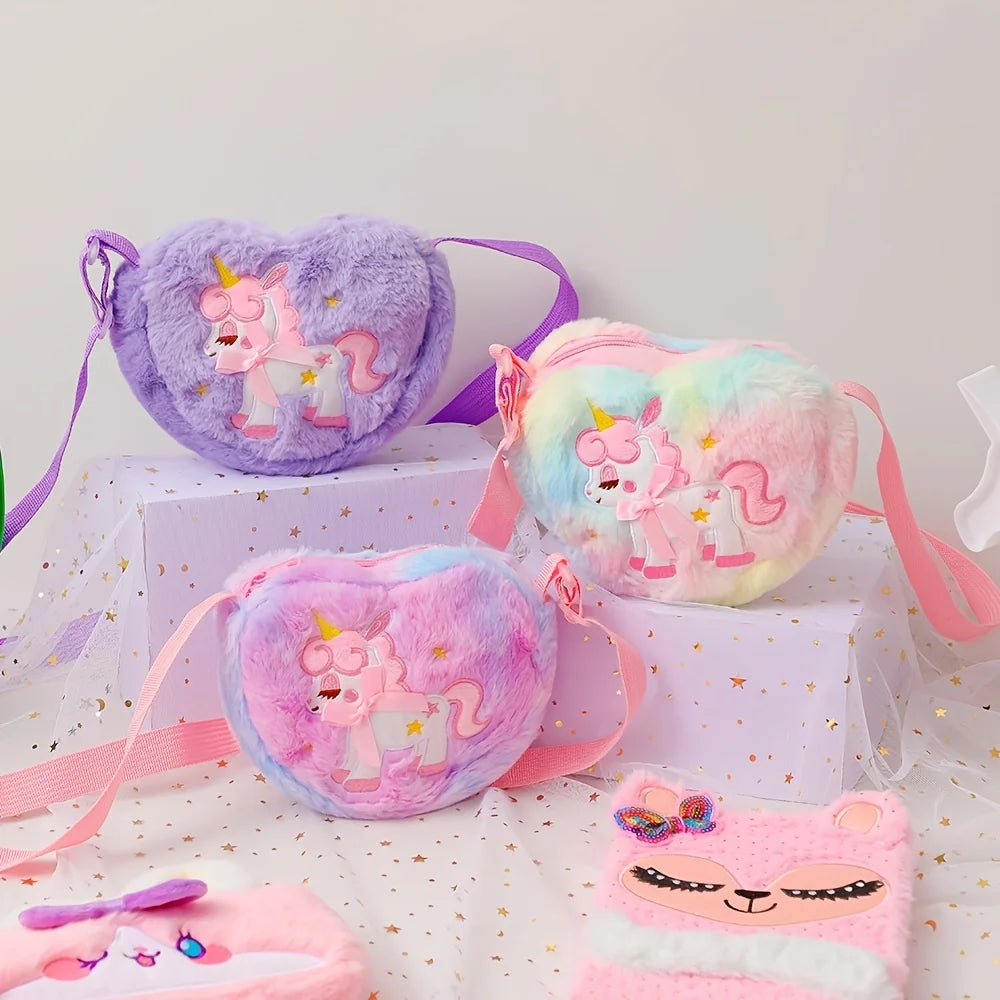 Cute Unicorn Plush Heart Messenger Bag | Girls' Faux Fur Half-Moon Crossbody | Soft Animal Print Coin Purse & Wallet | Magical Kids' Gift Small Shoulder Backpack Luxegan