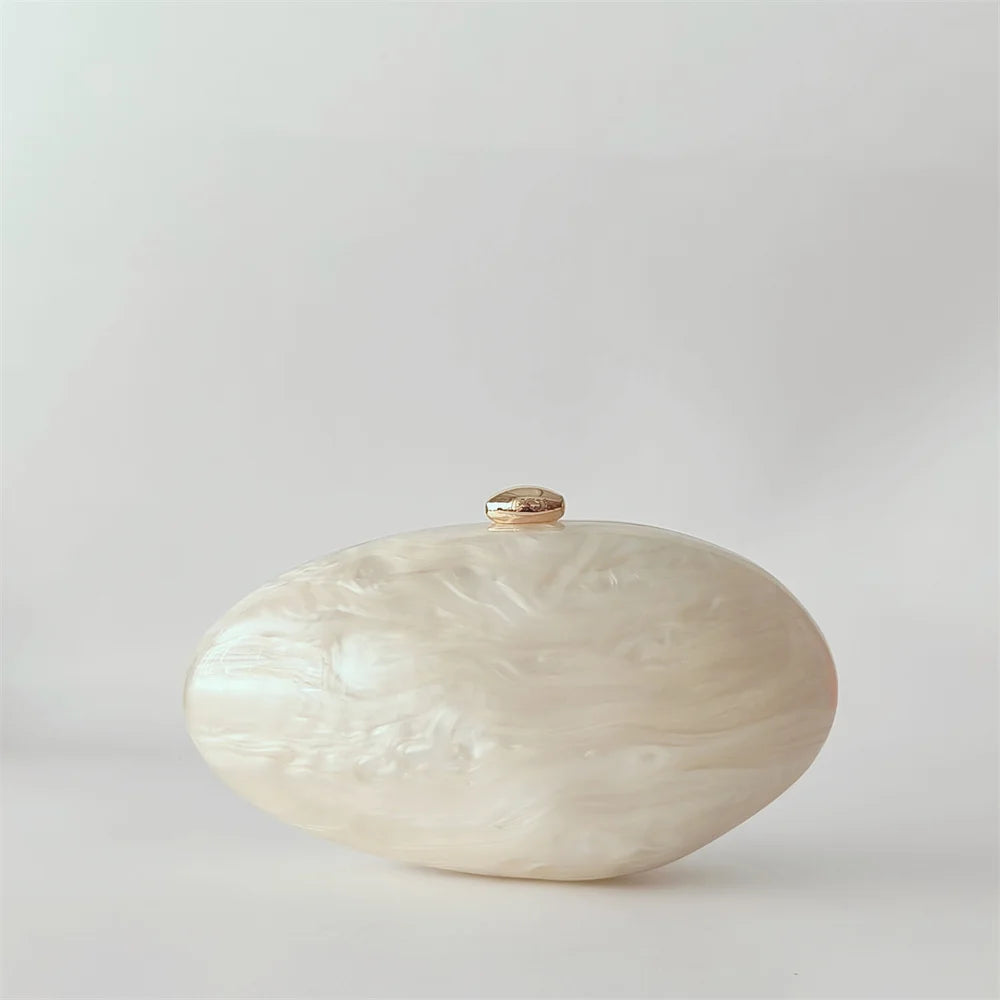 Oval Marble Beige Shell Acrylic Luxury Elegant Lady Evening Bag | Cute Handbag & Wedding Girl Female Mini Purse Luxegan
