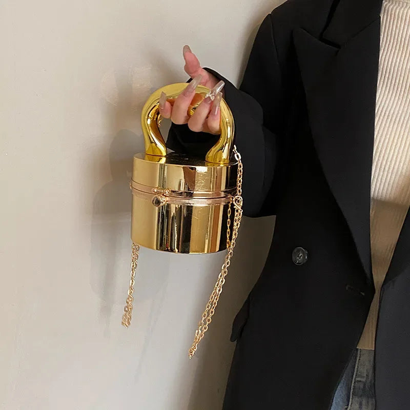 Gold Box Handbag | Shiny Party Evening Clutch & Metal Chain Messenger Purse Luxegan