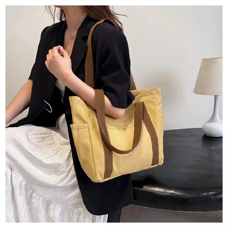 Preppy Style Shoulder Bag Unisex | Large Capacity Handbag & Casual Versatile Solid Canvas Bag (Student Commuting Zipper Square Bag) Luxegan
