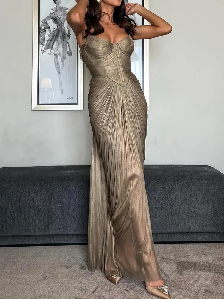 Women's Elegant Draped Slim Suspender Dress | Sexy V-Neck Backless Lace-Up Party Gown | High Waist Ankle-Length Prom Long Dress | Premium Slight Stretch Sleeveless Sheath Dress Luxegan