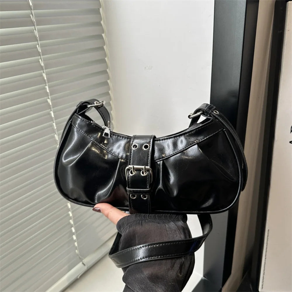 Gothic Y2K Buckle Armpit Bag | Retro Square PU Leather Crossbody Luxegan