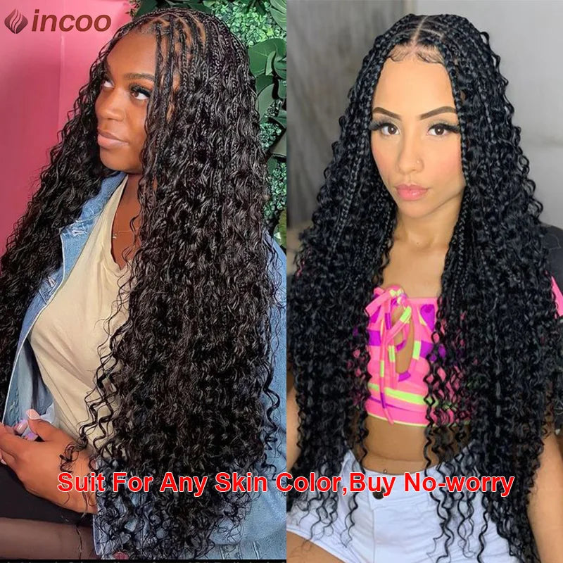 Long 32 Boho Braided Full Lace Front Wigs Synthetic Blonde Curly Goddess Locs Cornrows Wigs Pre Plucked Baby Hair Box Braids Wig Luxegan