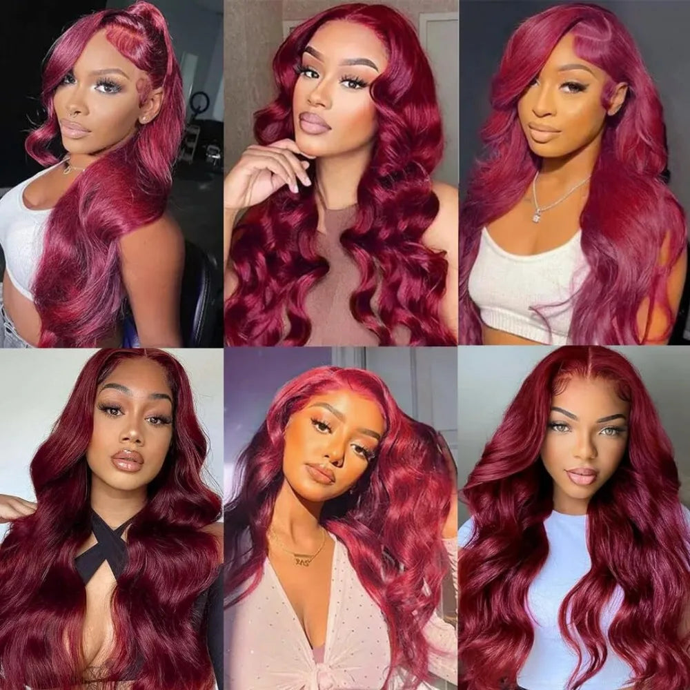 99J Burgundy Body Wave Lace Frontal Wig | Sophisticated 13x6 HD Transparent Lace | Elegant "Brazilian Remy" 26+ Inch Length | "Dignified" Pre-Plucked "Red Color" Human Hair for Radiant Versatile Styling Luxegan