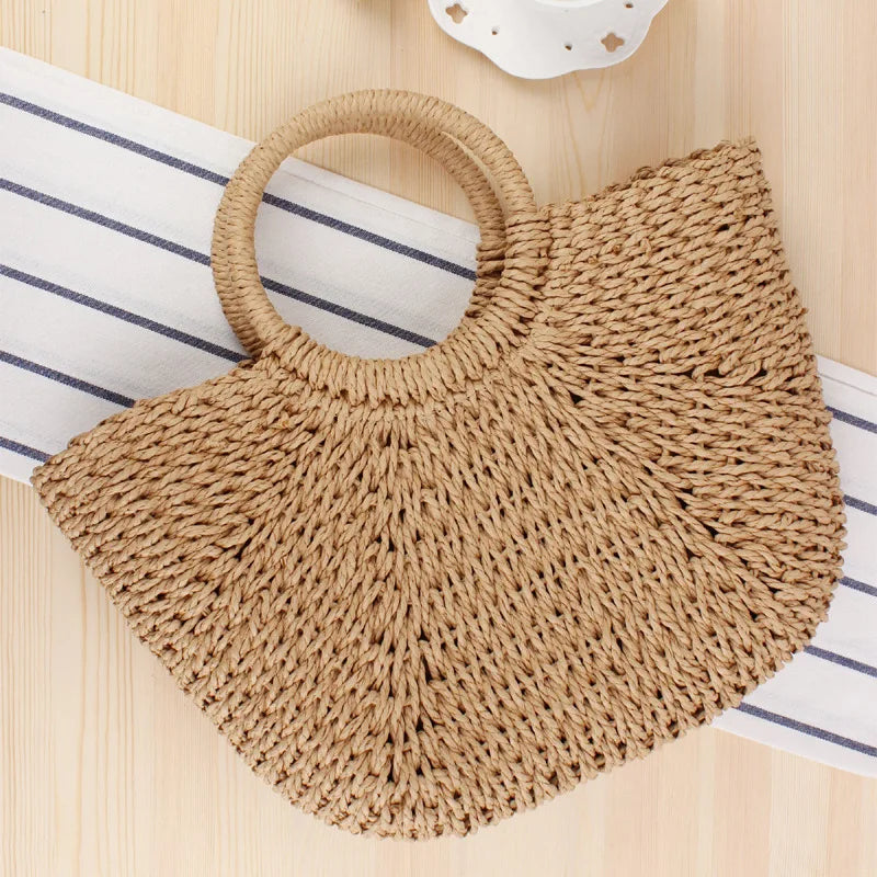 Summer Handmade Moon-Shaped Bag | Women's Woven Straw Bag & Top-Handle Tote Luxegan