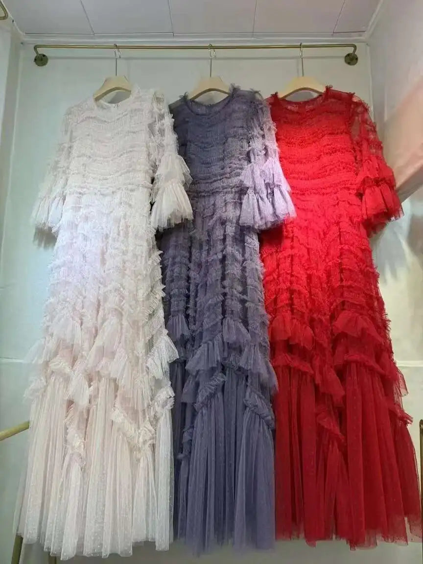 Patchwork Round Neck Short Sleeve Ruffle Trim Regular Fit A-Line Floor-Length Dress – Empire Waist, Spring/Summer Luxegan