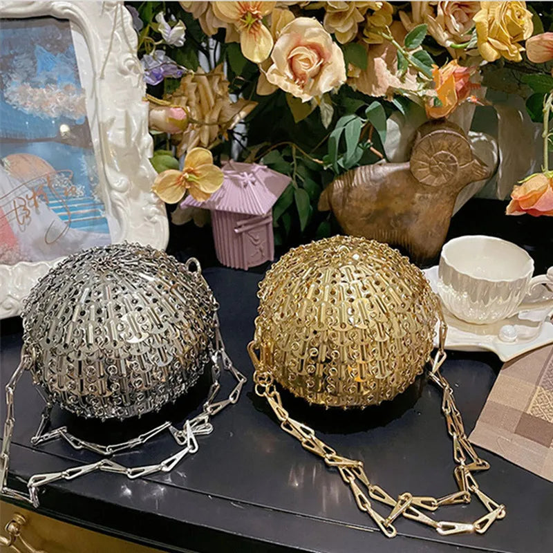 Designer Aesthetic Handmade Woven Metal Bag | Luxury Metal Sheet Ball Shoulder Bag | Elegant Hollow Out Evening Purse | Fashionable Metallic Holiday Party Crossbody Luxegan