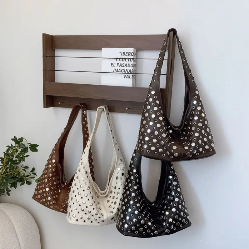 Luxury Designer Punk Rivet Shoulder Bag | Vintage Classic Motorcycle Casual Tote | Premium PU Leather Large-Capacity Handbag | Versatile Four-Seasons Fashion Bag with Polyester Lining Luxegan