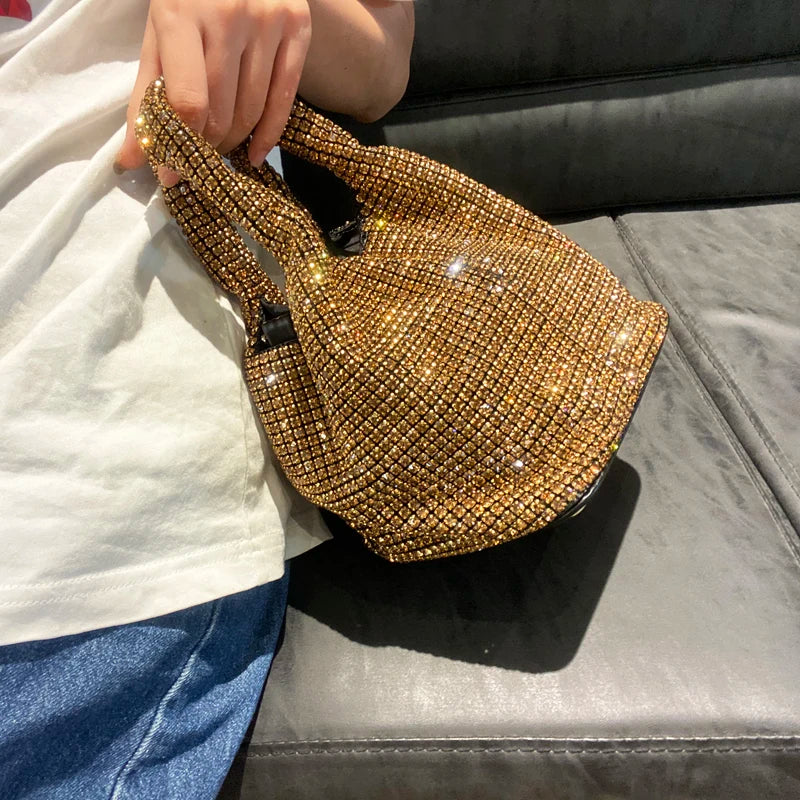 Shiny Crystal Bucket Bag | Luxury Designer Evening Clutch Luxegan