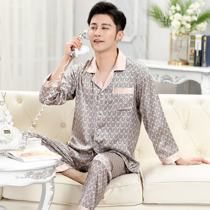 Men's Premium Ice Silk Pajama Set | Luxury Paisley Long-Sleeved Sleepwear Suit | Thin Turn-Down Collar Nightwear | Plus Size High-Quality Home Clothes Male Suit Model SY5004 Luxegan