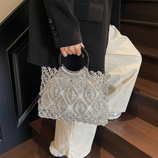 Handmade Woven Round Handle Handbag | Eco-Friendly Craft Paper Luxury Designer Bag | Hollow-Out Metallic Golden & Silver Top-Handle Tote | Sustainable Fashion Composite Bag Luxegan