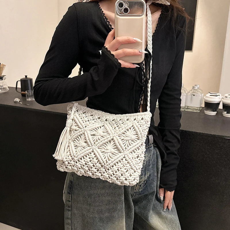 Designer Hollow Out Woven Straw Bag | Fashion Bohemian Summer Crossbody & Shoulder Bag with Tassels Luxegan