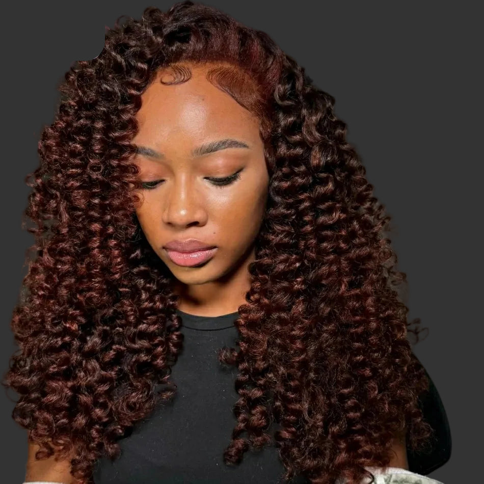 300% Density Burgundy Brown Loose Deep HD Lace Wig | Sophisticated 13x6 & 13x4 Transparent Frontal | Elegant "12A Brazilian Remy" 26+ Inch Silhouette | "Dignified" Pre-Plucked Bleached Knot Curly Human Hair for Radiant Versatile Styling Luxegan