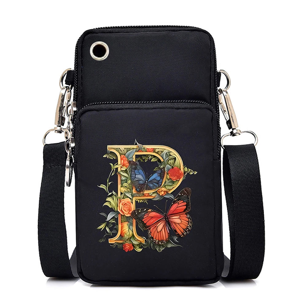 Women’s Small Crossbody Mobile Phone Bag | Sophisticated Vintage Flower & Alphabet Purse | Elegant Mini Messenger with Soft Leather Strap | Fashion-Forward Cartoon Applique Shoulder Bag (Model 858) Luxegan
