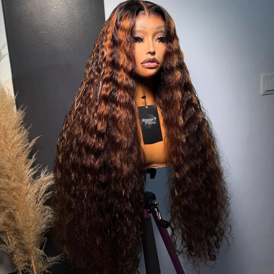 30 & 36-Inch Highlight Brown Deep Wave HD Lace Wig | Sophisticated 220% Density 13x6 & 13x4 Frontal | Elegant "Brazilian Remy" Silhouette | "Dignified" 6x4 & 5x5 Lace Closure Human Hair for Radiant Versatile Styling Luxegan