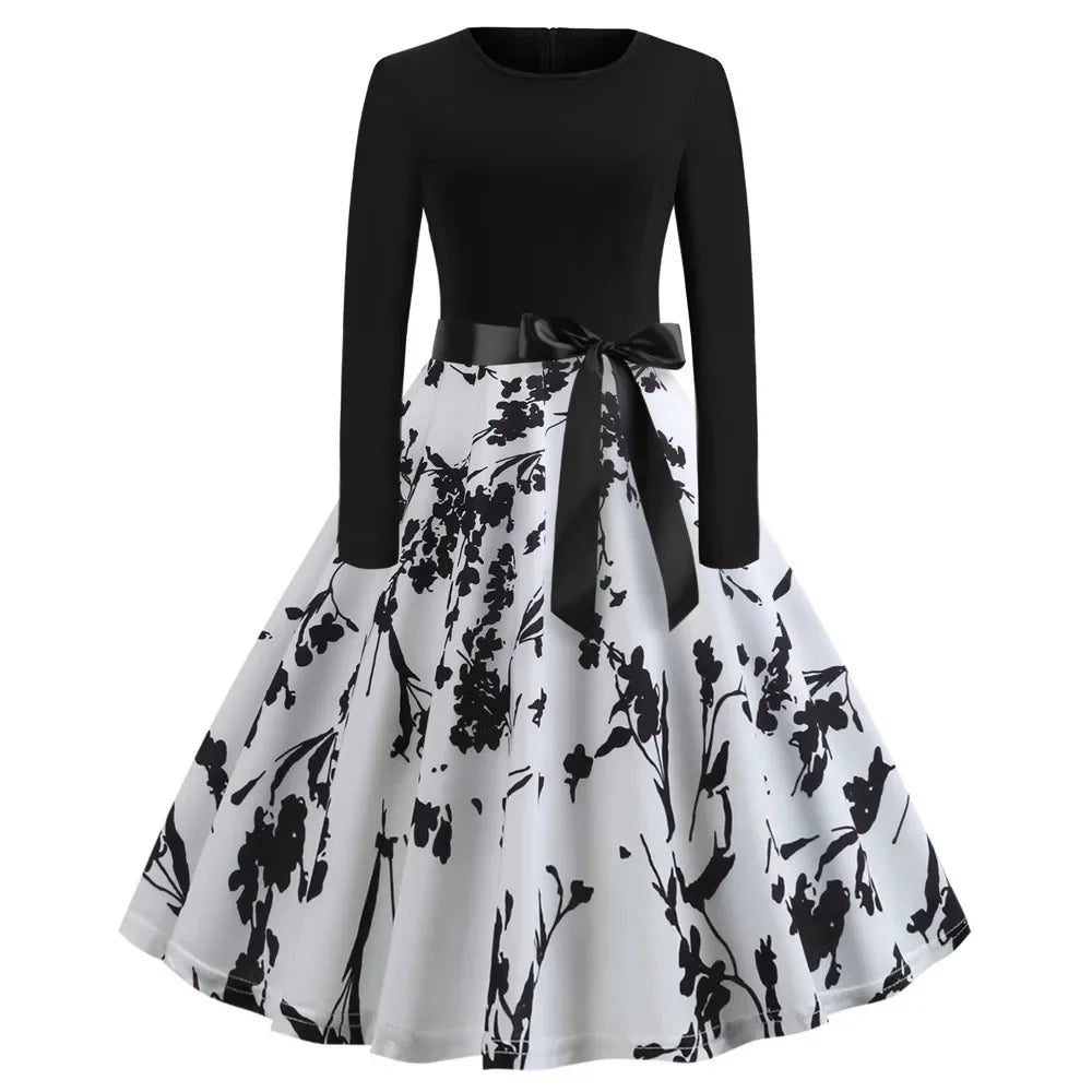 Harajuku Vintage Music Note Print Party Dress | Casual Retro Long-Sleeve Spring Autumn Midi | Full-Sleeve Loose-Fit A-Line Dress with Sashes Luxegan