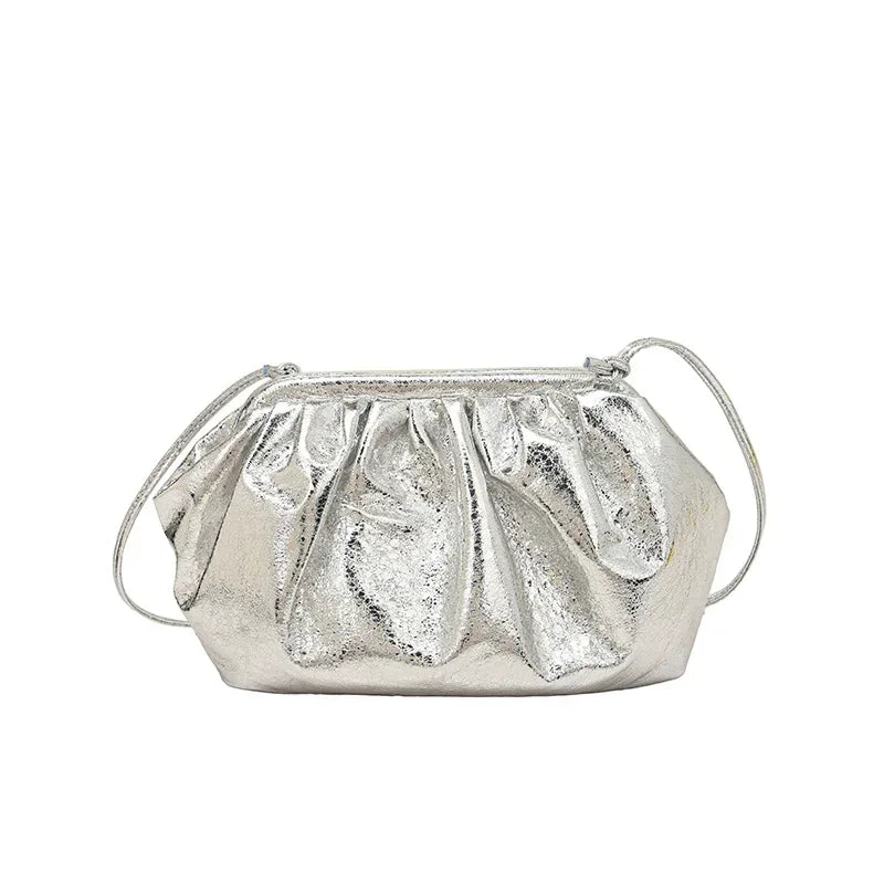 Small Luxury Design Women's Leather Silver Cloud Bag | Gold Crossbody & Ladies Party Clutch Purse (Sequined, Ruched Handbag) Luxegan