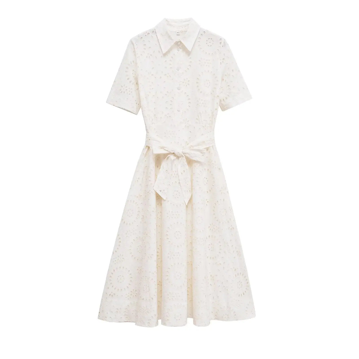 Solid Turn-Down Collar Short Sleeve Hollow Out Regular Fit A-Line Mid-Calf Cotton Dress – Natural Waist, Summer Luxegan