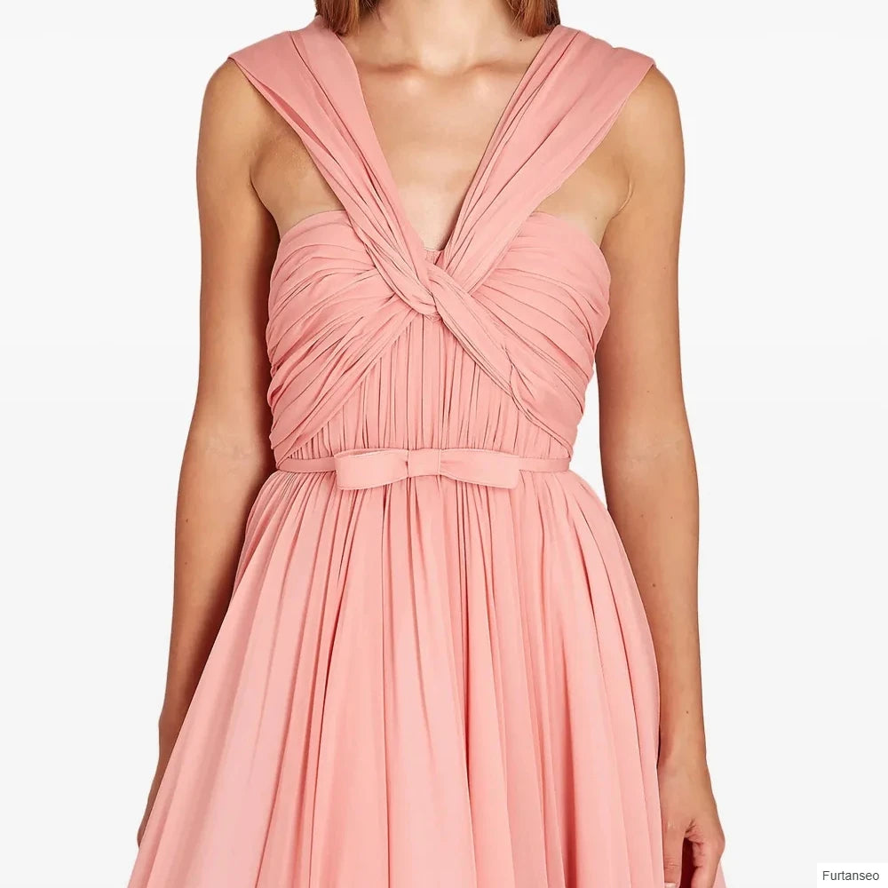Pleat Bow Draped Backless V-Neck Sleeveless Ankle-Length A-Line Evening Gown Luxegan