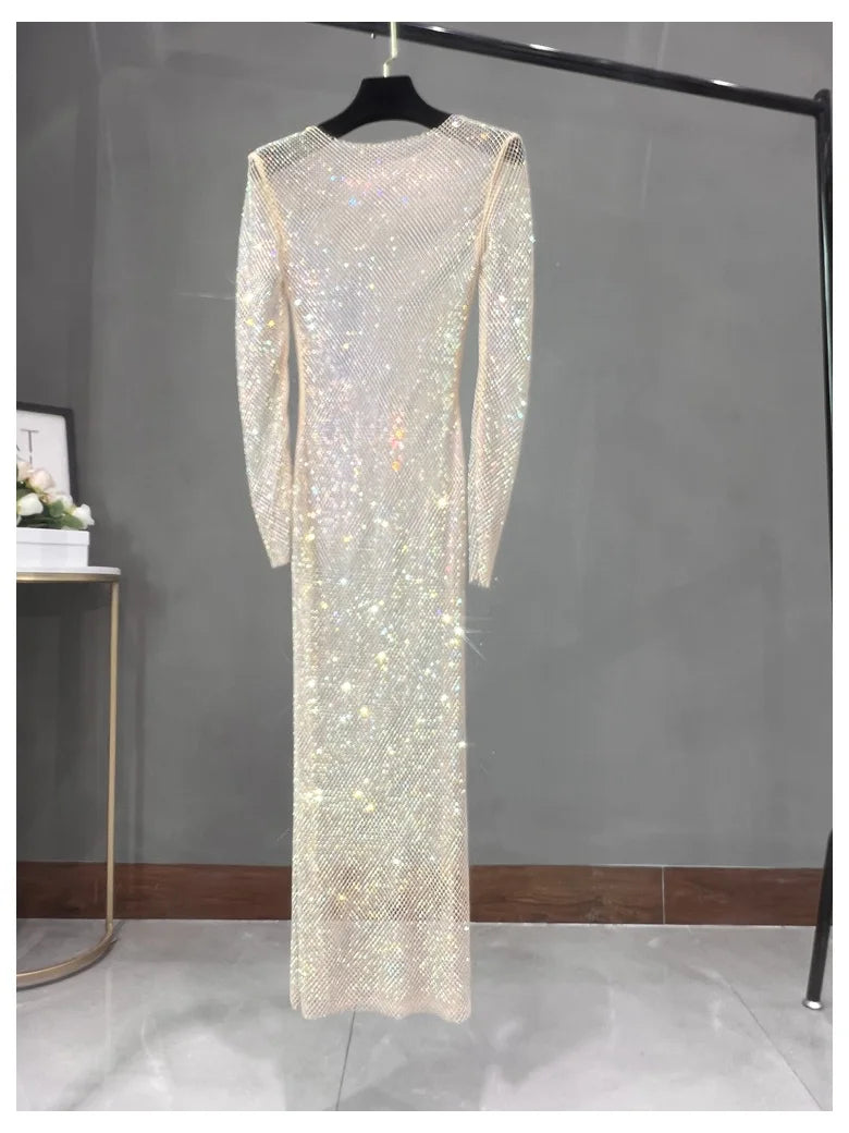 Long Sleeve Rhinestone Diamond Hollow-Out Sheath Maxi Dress | Sexy Club Glam Floor-Length Gown Luxegan