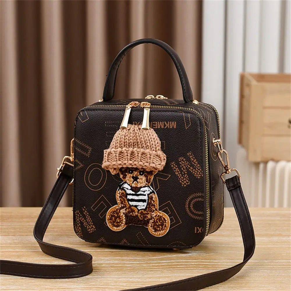 PU Leather Shoulder Bags | Fashion Simple Cute Cartoon Bear Crossbody Bag & Messenger Bag (Women's Small Square Handbags) Luxegan